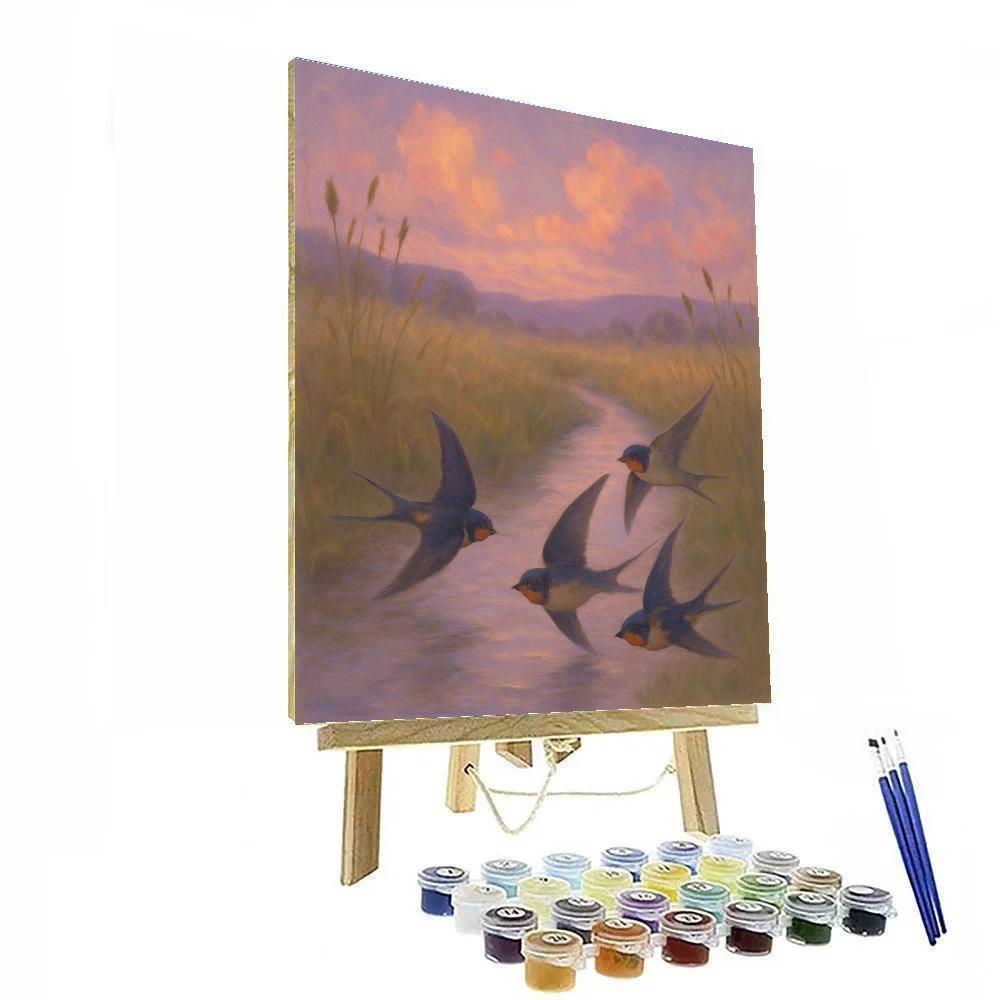 Lavender Dusk Swallows Over The Meadow Stream paint by number