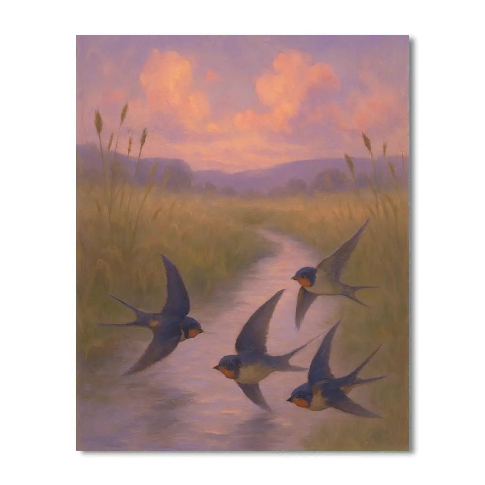 Lavender Dusk Swallows Over The Meadow Stream paint by number