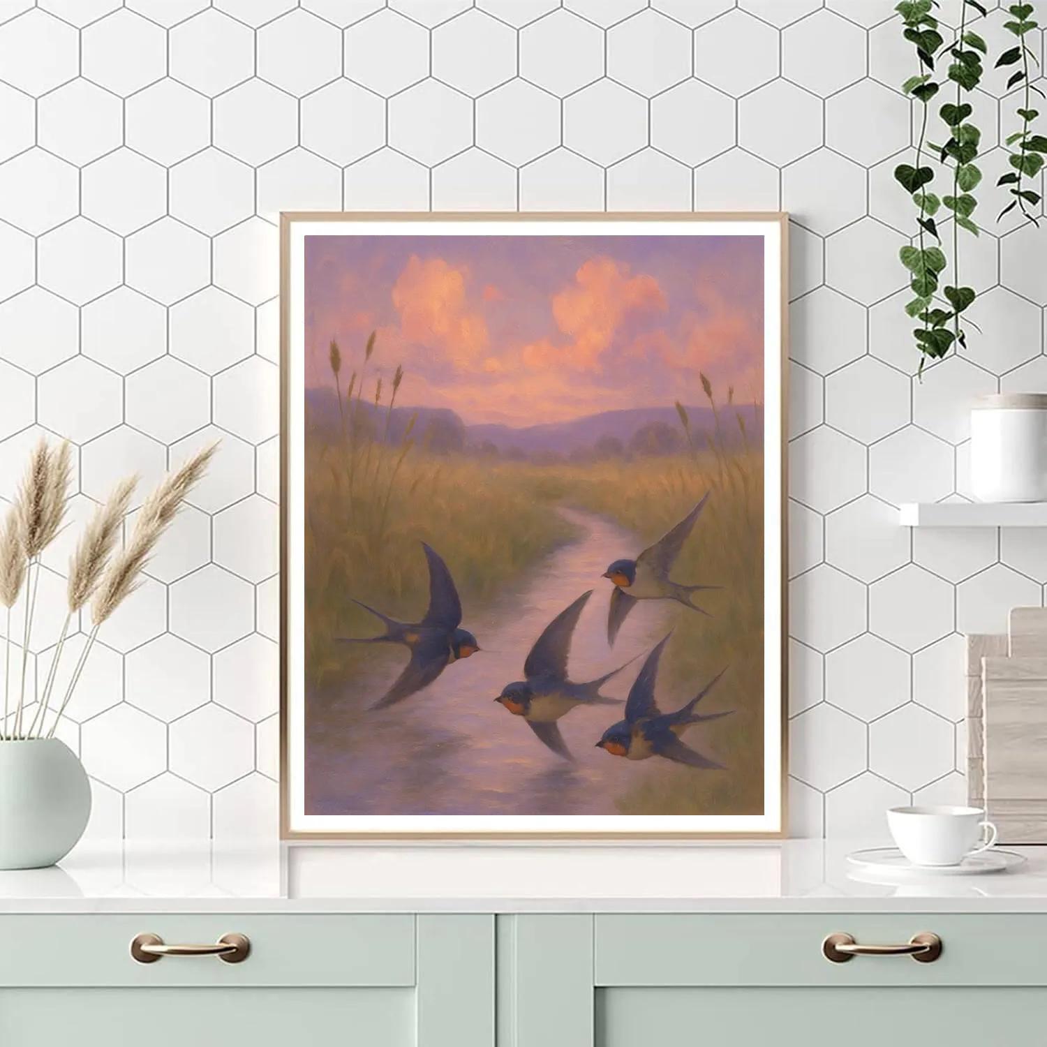 Lavender Dusk Swallows Over The Meadow Stream paint by number