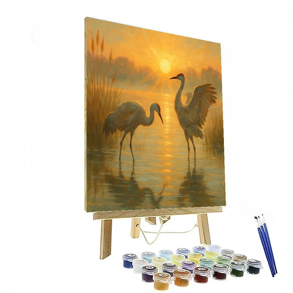 Sunrise Cranes In The Reed Gold Horizon paint by color