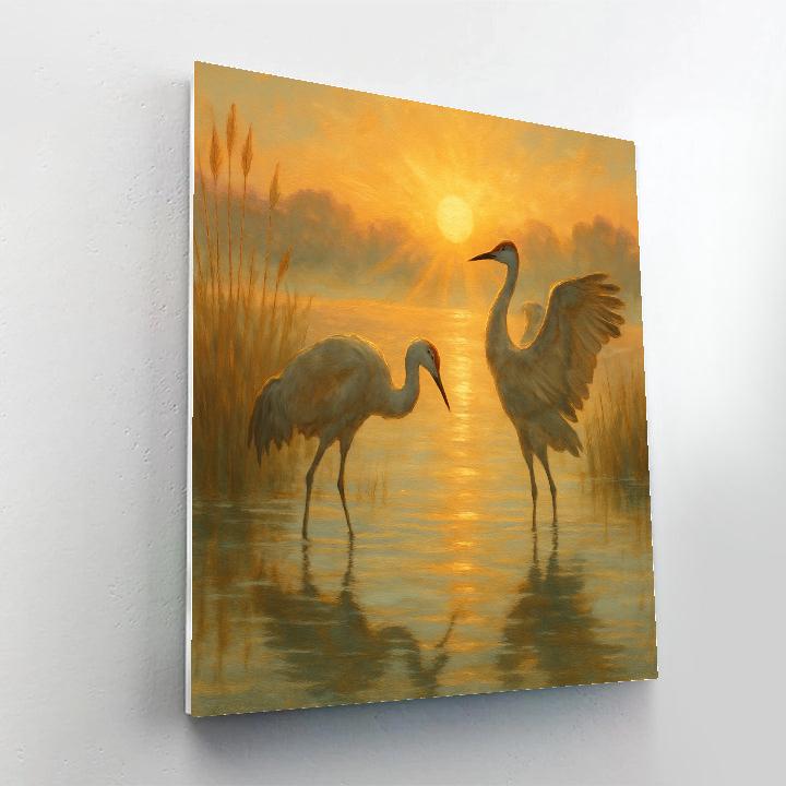 Sunrise Cranes In The Reed Gold Horizon paint by color