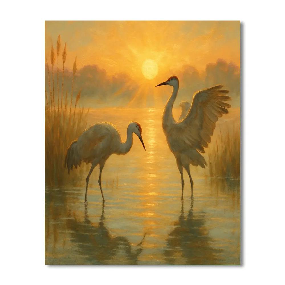 Sunrise Cranes In The Reed Gold Horizon paint by color