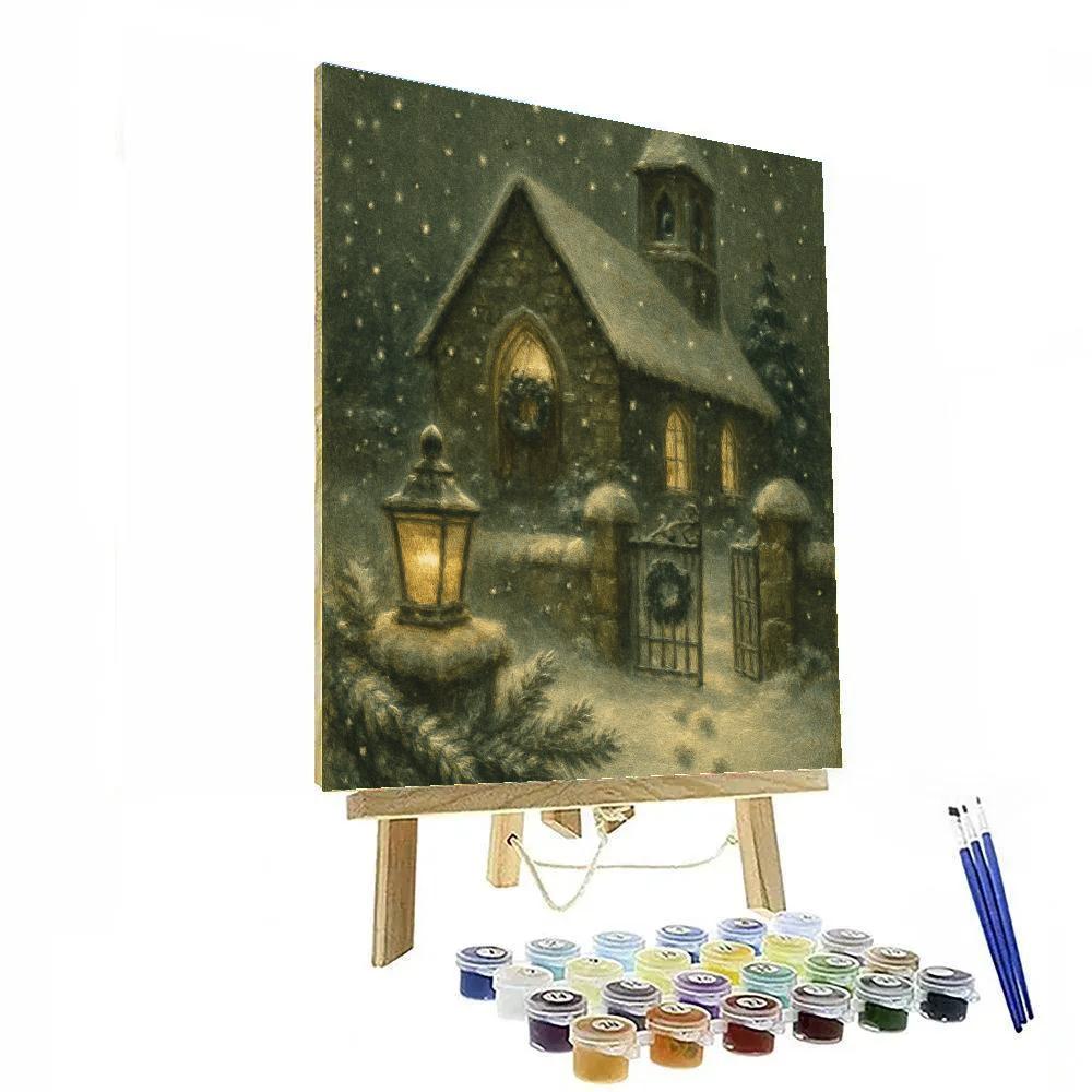 Quiet Church Courtyard With Midnight Snowfall Painting by numbers kit