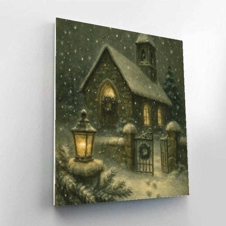 Quiet Church Courtyard With Midnight Snowfall Painting by numbers kit