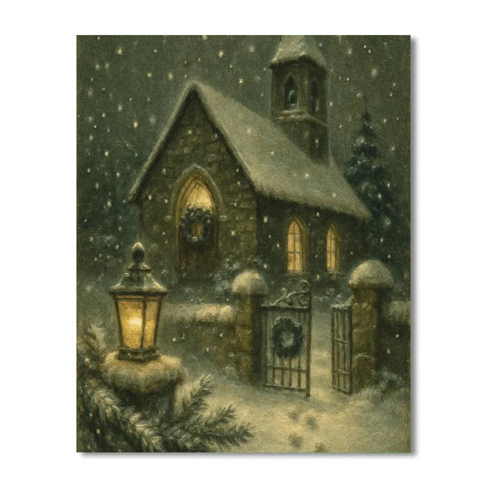 Quiet Church Courtyard With Midnight Snowfall Painting by numbers kit