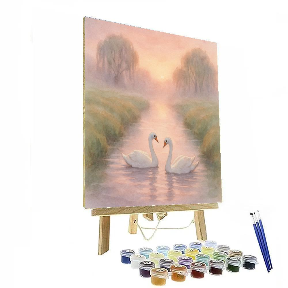 Swan Pair In Misty Sunrise Channel painting number kit