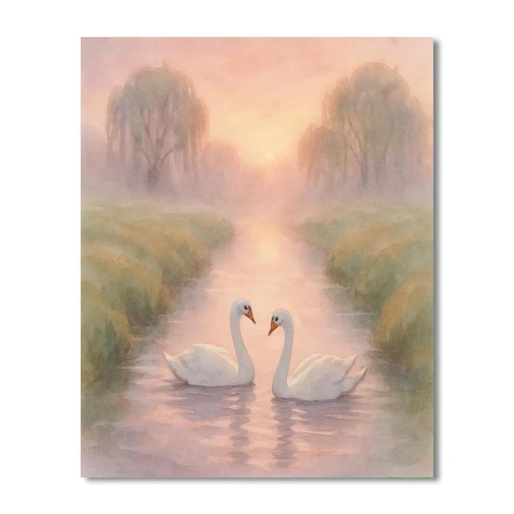 Swan Pair In Misty Sunrise Channel painting number kit