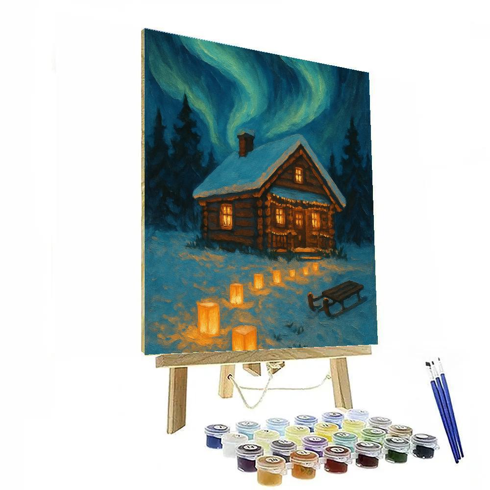 Aurora Over The Cabin With Paper Lantern Trail paint by number