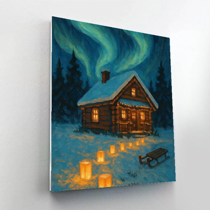 Aurora Over The Cabin With Paper Lantern Trail paint by number