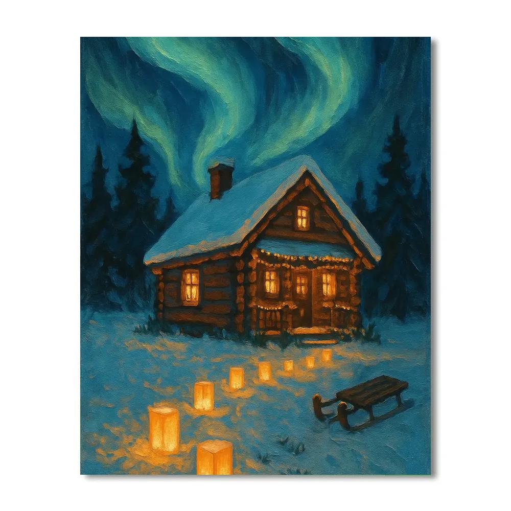 Aurora Over The Cabin With Paper Lantern Trail paint by number