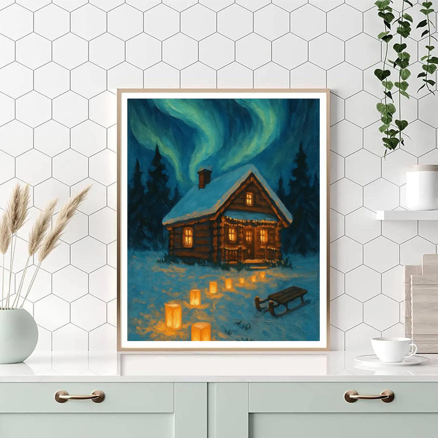 Aurora Over The Cabin With Paper Lantern Trail paint by number