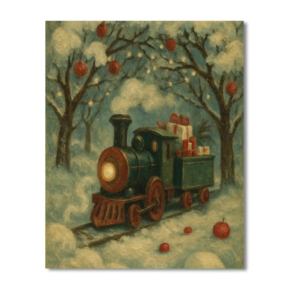 Toy Train Through The Snowy Orchard Tunnel painting number kit