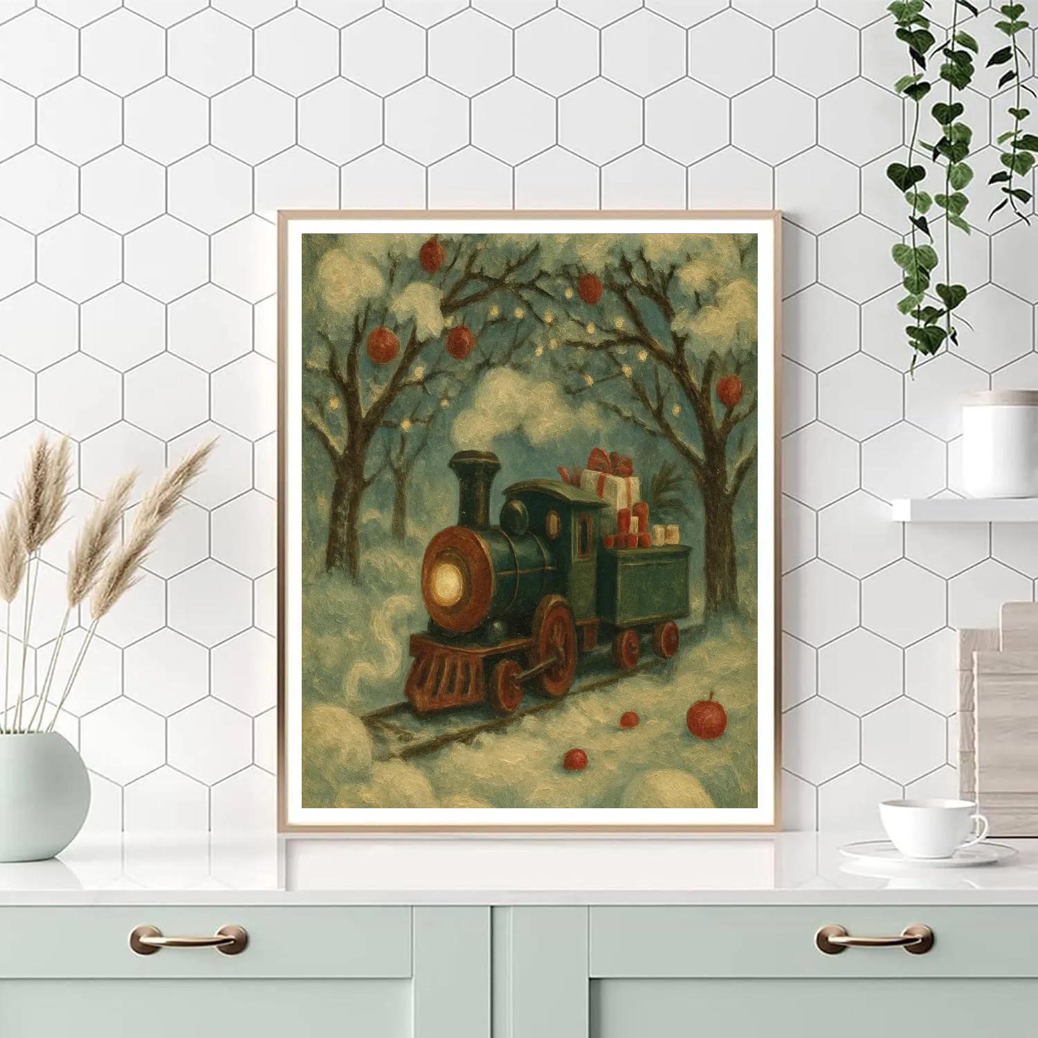 Toy Train Through The Snowy Orchard Tunnel painting number kit