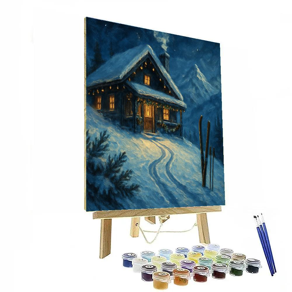 Moonlit Mountain Chalet With Ski Tracks And Bells paint by numbers