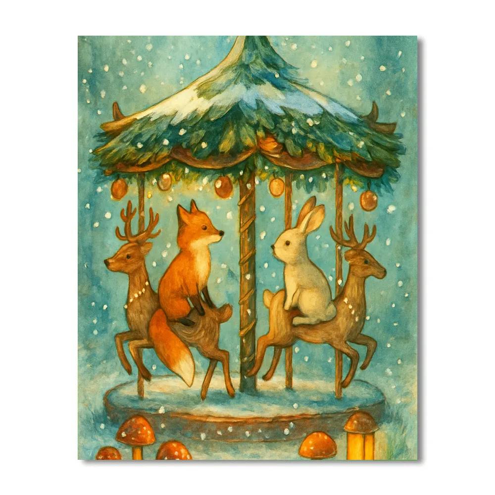 Winter Forest Carousel With Fox And Rabbit Riders Paint by numbers kits
