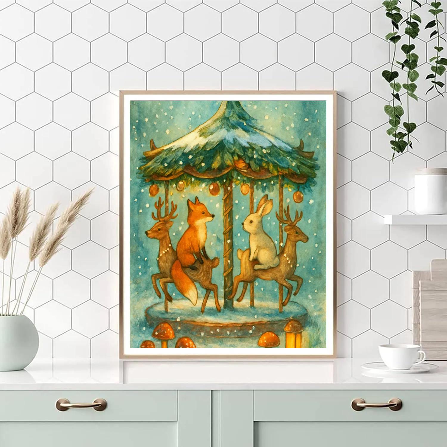Winter Forest Carousel With Fox And Rabbit Riders Paint by numbers kits