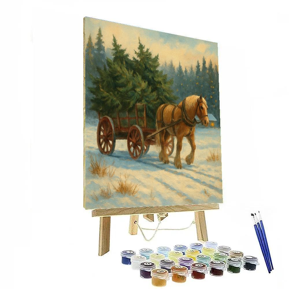 Christmas Tree Wagon Rolling Through Snowy Meadow paint by number