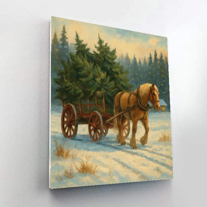 Christmas Tree Wagon Rolling Through Snowy Meadow paint by number