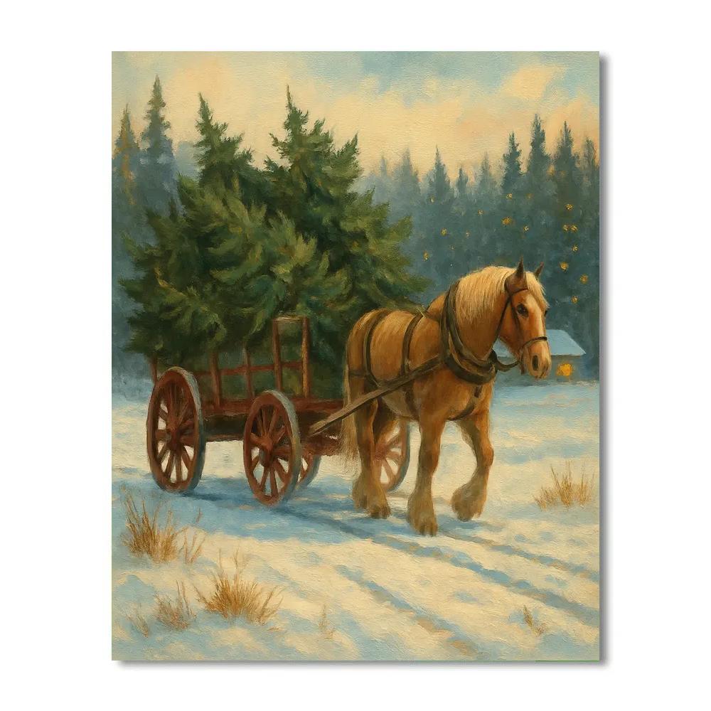 Christmas Tree Wagon Rolling Through Snowy Meadow paint by number