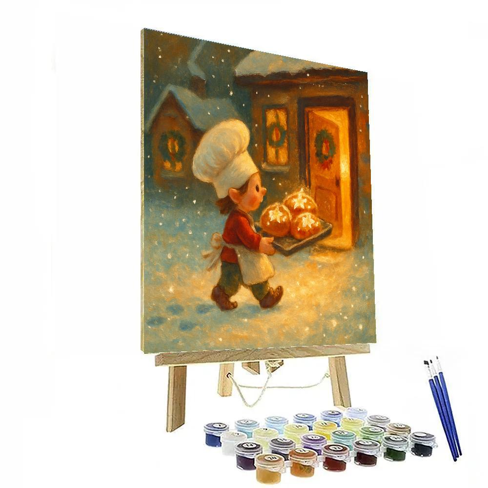 Baker Elf Carrying Starlit Pastries Through Snow paint by numbers