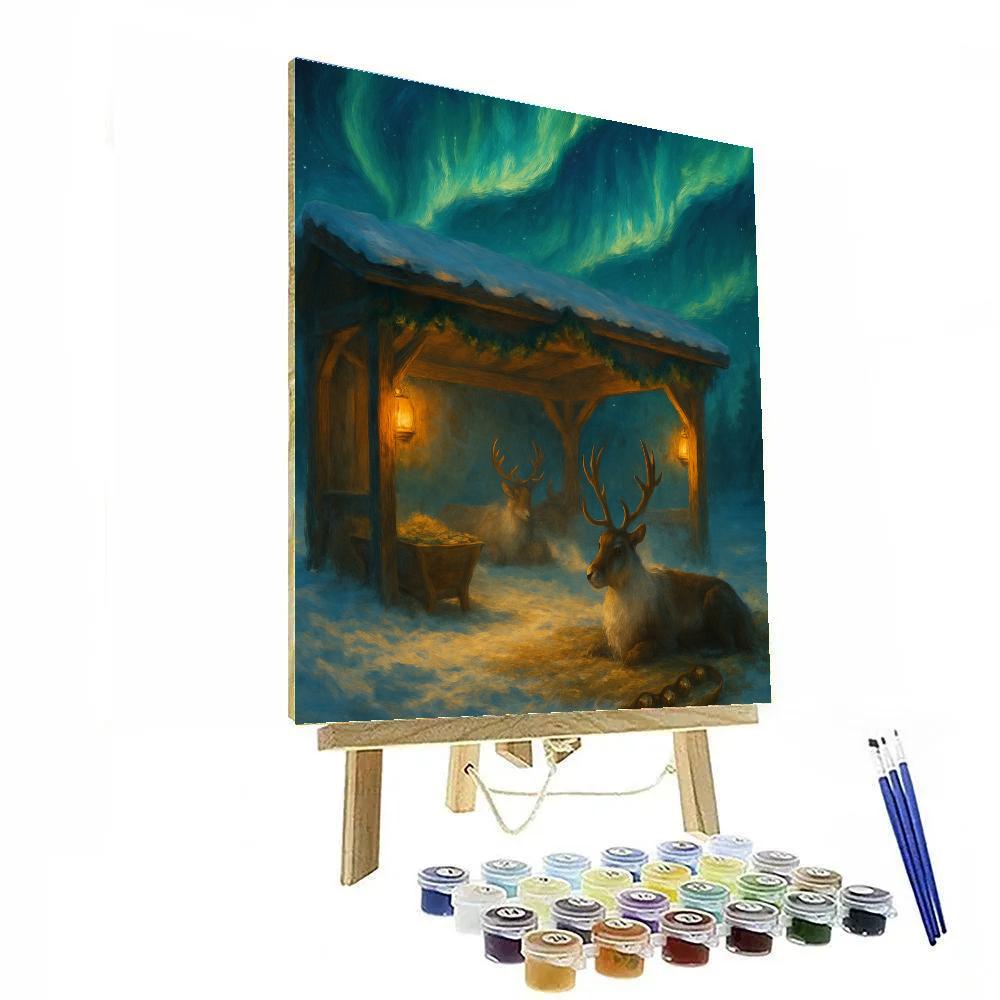 Northern Lights Over A Reindeer Stable Glow DIY paint by numbers