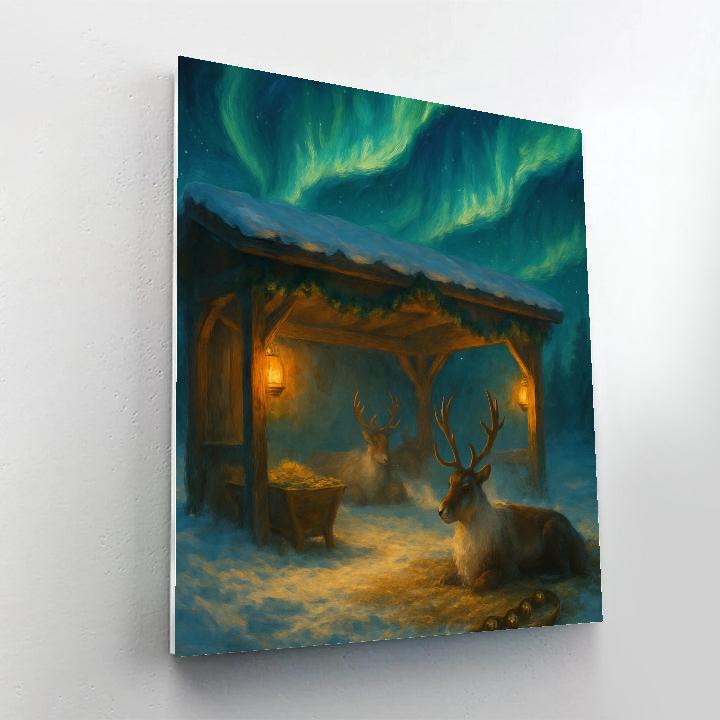 Northern Lights Over A Reindeer Stable Glow DIY paint by numbers