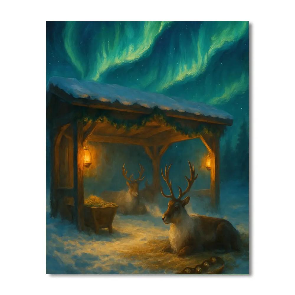 Northern Lights Over A Reindeer Stable Glow DIY paint by numbers