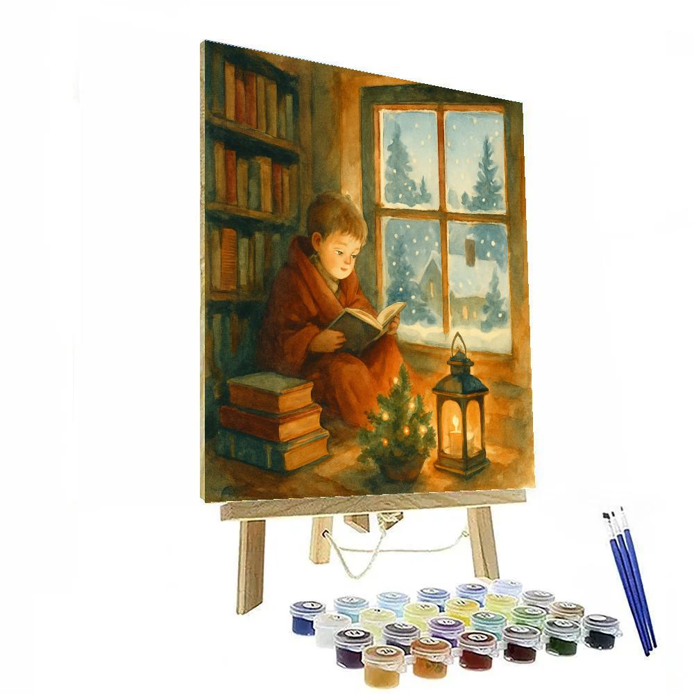 Winter Library Nook With Snowy Bookstack Window paint by numbers