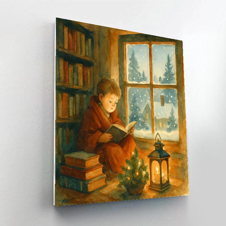 Winter Library Nook With Snowy Bookstack Window paint by numbers