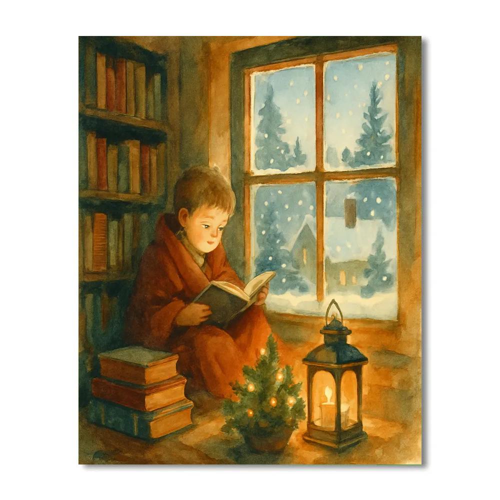 Winter Library Nook With Snowy Bookstack Window paint by numbers