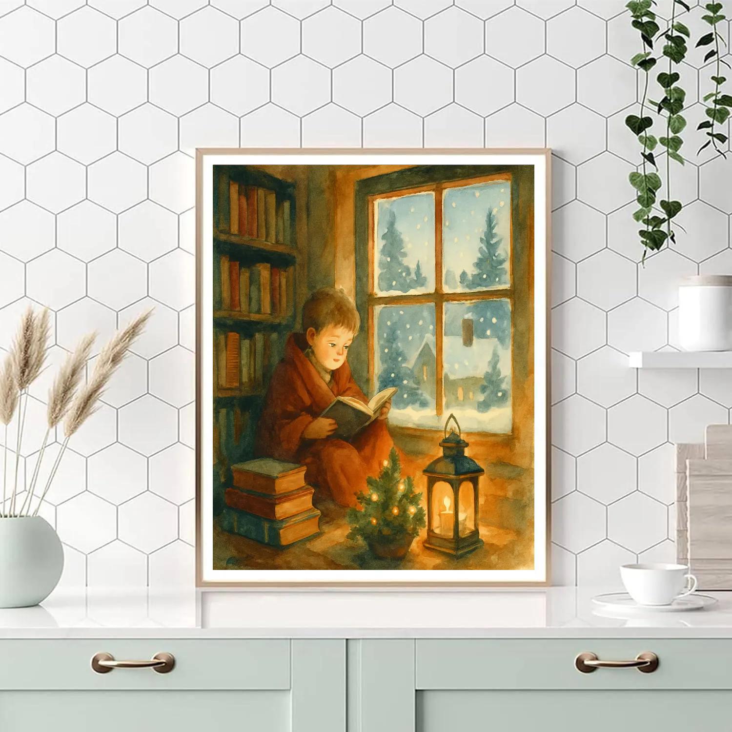 Winter Library Nook With Snowy Bookstack Window paint by numbers