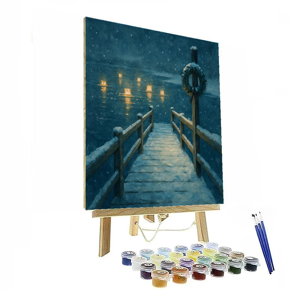 Snowy Pier With Floating Lanterns On Winter Water Paint by numbers kits