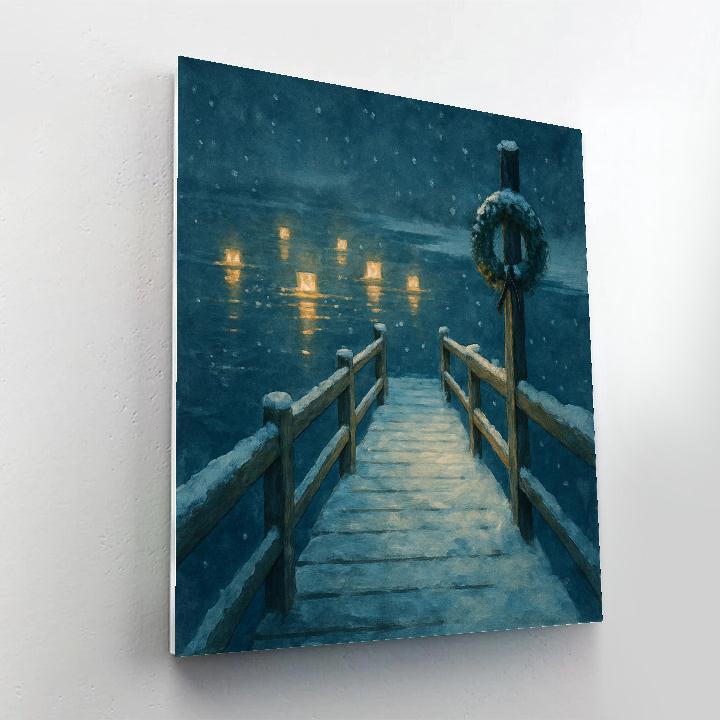 Snowy Pier With Floating Lanterns On Winter Water Paint by numbers kits