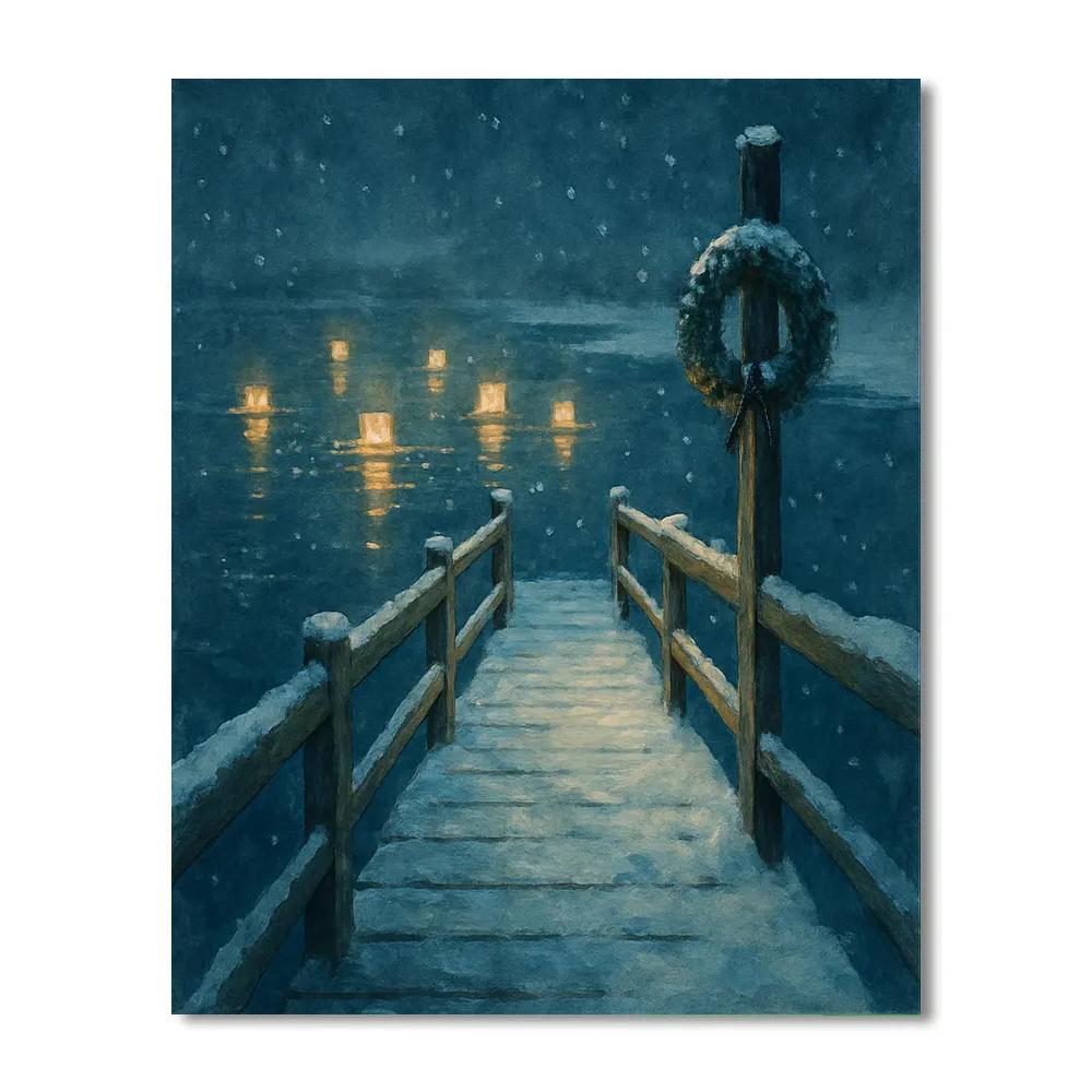 Snowy Pier With Floating Lanterns On Winter Water Paint by numbers kits