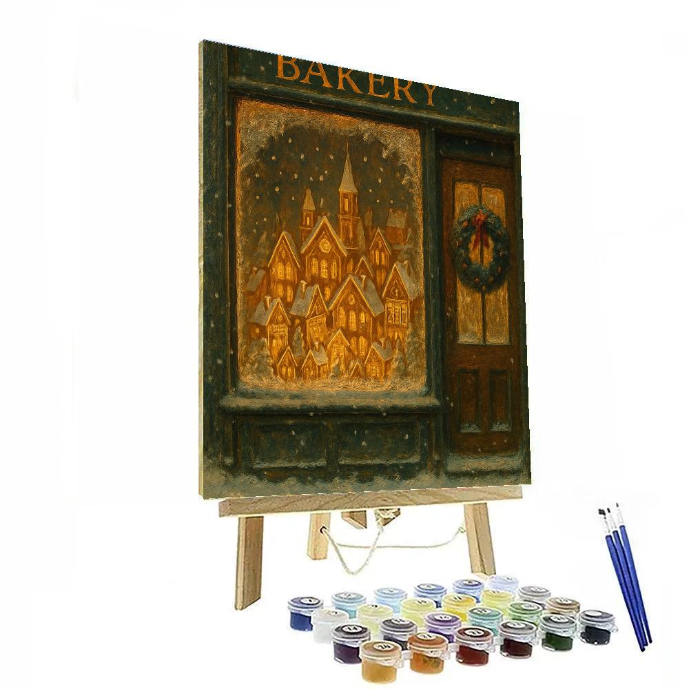 Snowy Bakery Window With Gingerbread City Display DIY paint by numbers