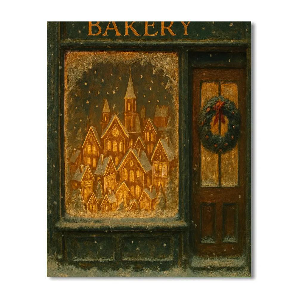 Snowy Bakery Window With Gingerbread City Display DIY paint by numbers