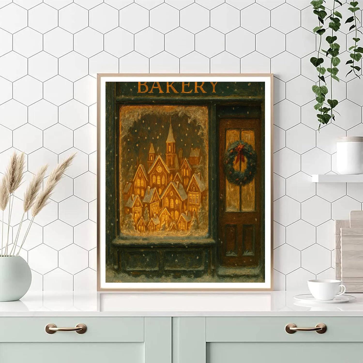 Snowy Bakery Window With Gingerbread City Display DIY paint by numbers