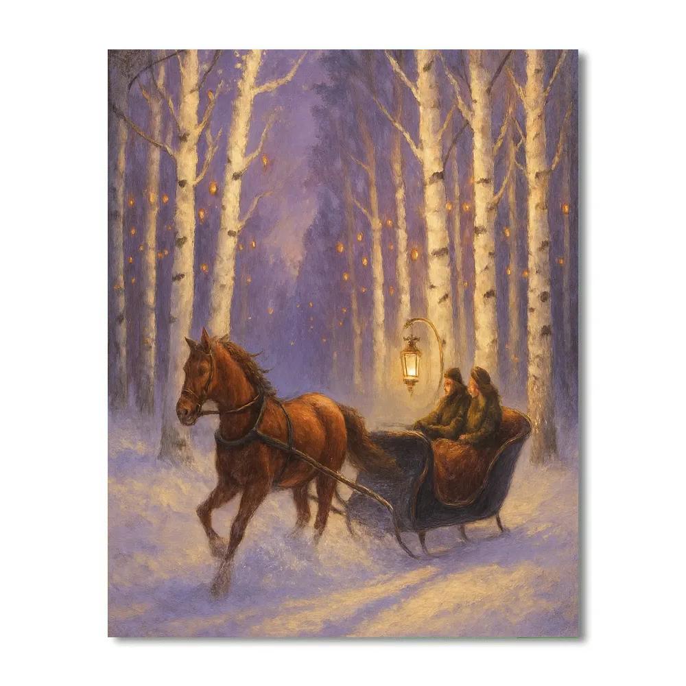 Twilight Sleigh Ride Through Birch Tree Sparkles Number painting