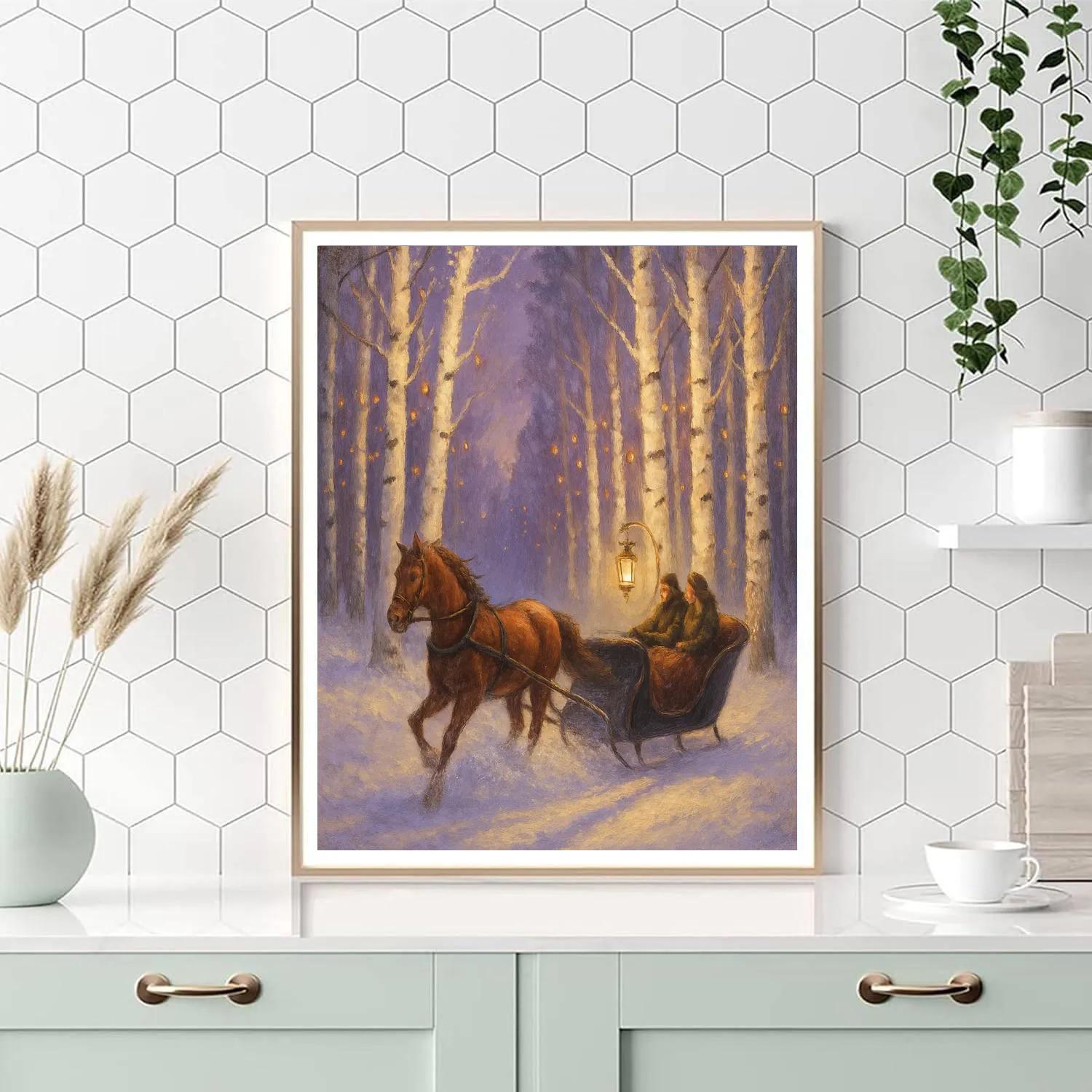 Twilight Sleigh Ride Through Birch Tree Sparkles Number painting