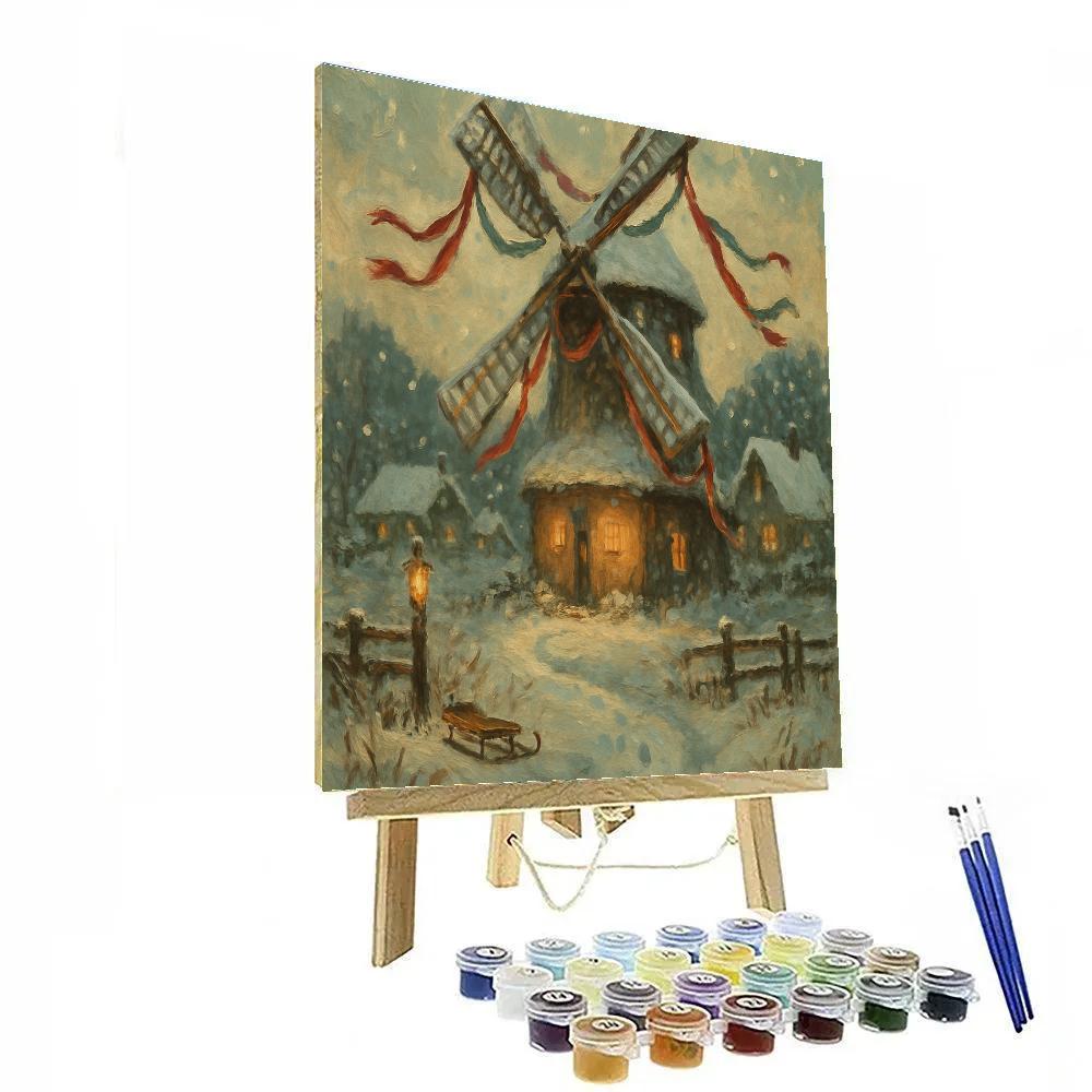Snow Covered Windmill With Ribbon Garland Blades paint by color