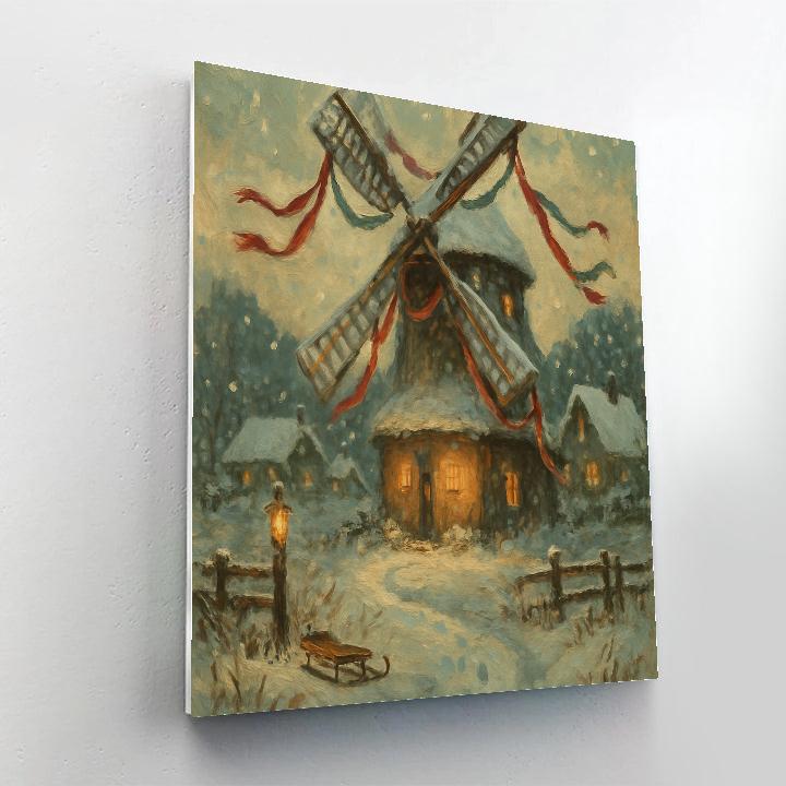 Snow Covered Windmill With Ribbon Garland Blades paint by color