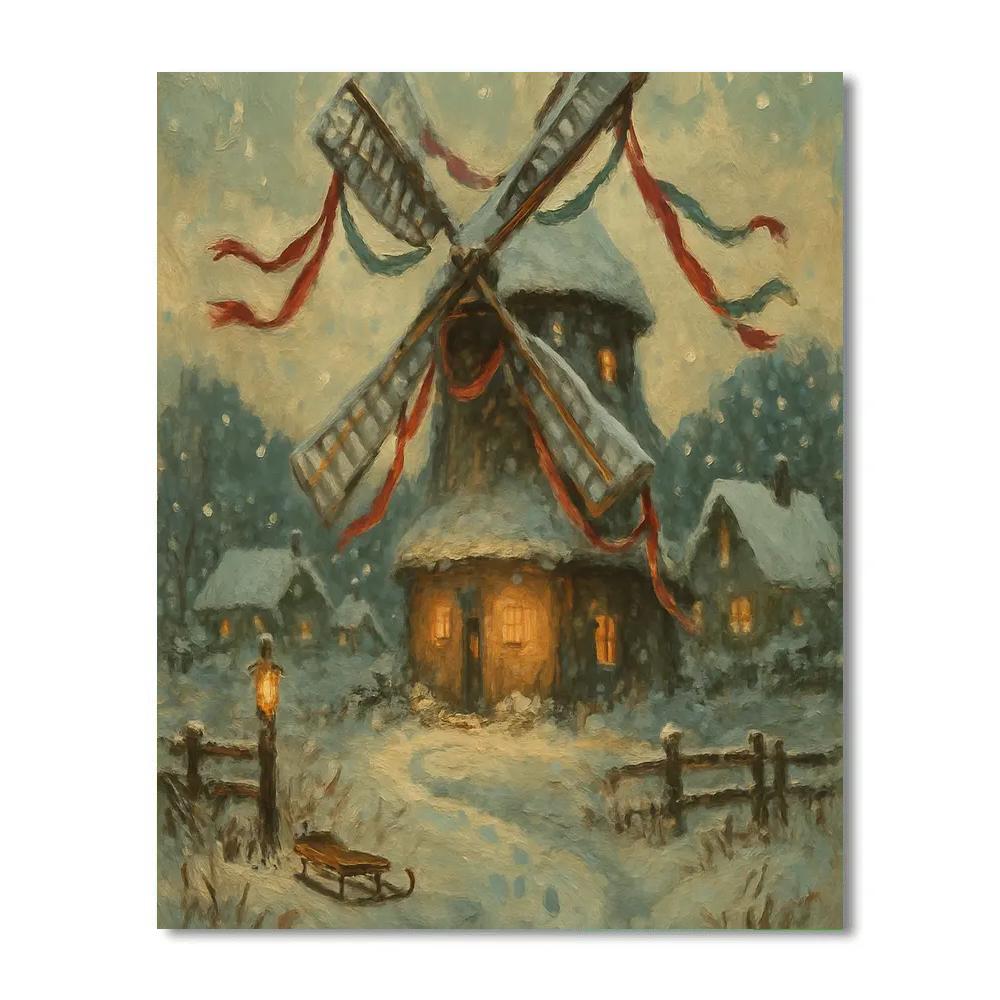 Snow Covered Windmill With Ribbon Garland Blades paint by color