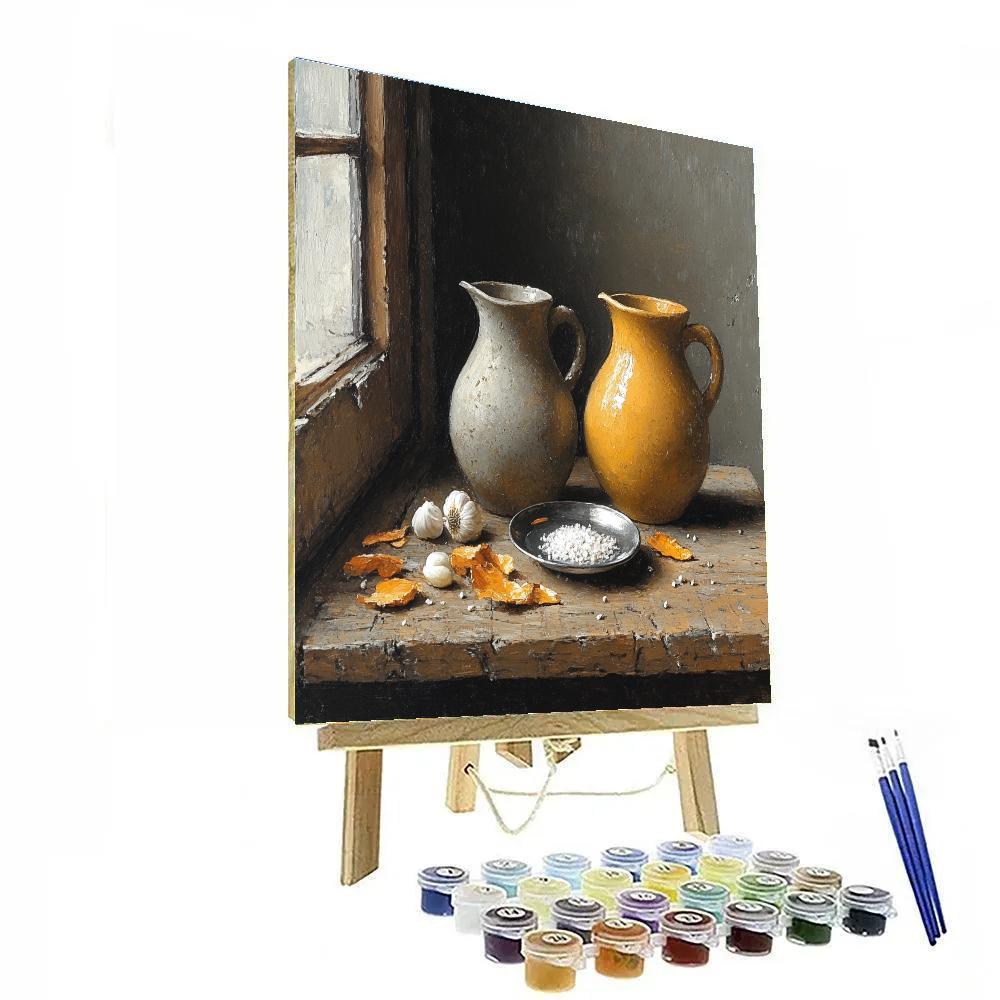 Diego Velázquez Inspired Silvery Bodegon Of Earthenware Jugs And Ocher Garlic Skins Paint by numbers art