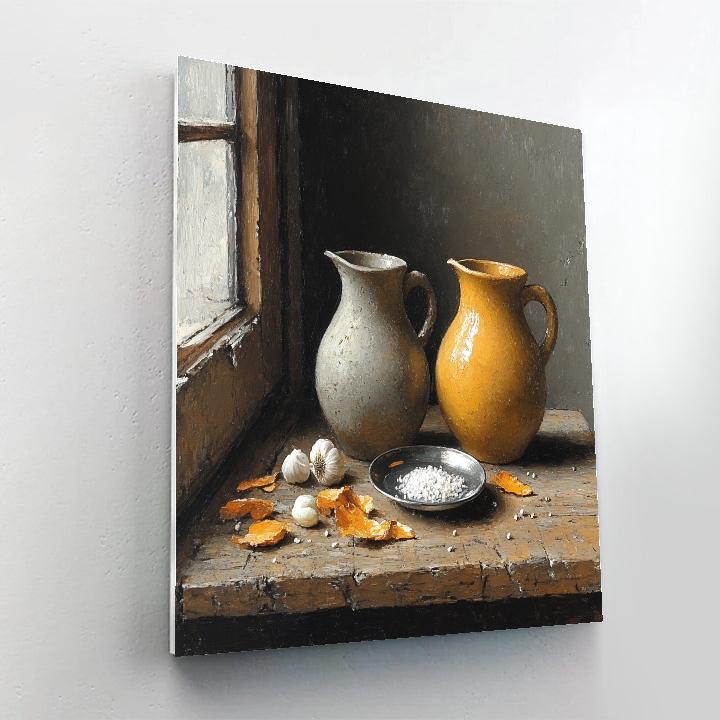 Diego Velázquez Inspired Silvery Bodegon Of Earthenware Jugs And Ocher Garlic Skins Paint by numbers art