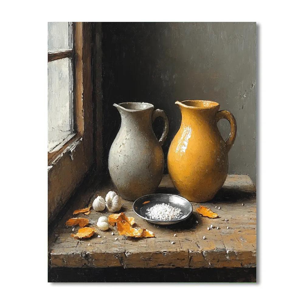 Diego Velázquez Inspired Silvery Bodegon Of Earthenware Jugs And Ocher Garlic Skins Paint by numbers art