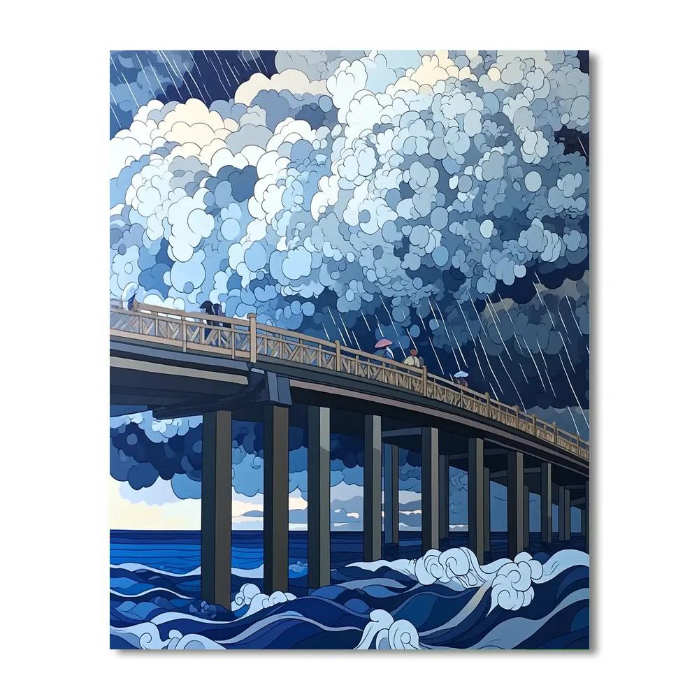 Hokusai Inspired Storm Over Coastal Bridge Numbered painting kits