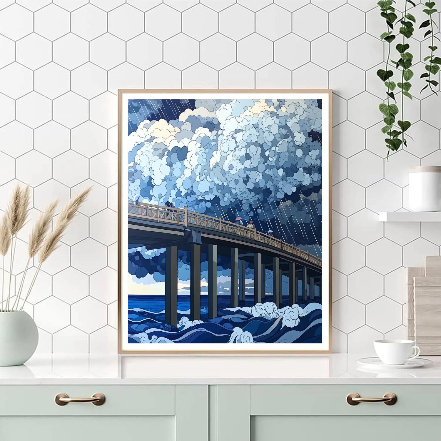 Hokusai Inspired Storm Over Coastal Bridge Numbered painting kits