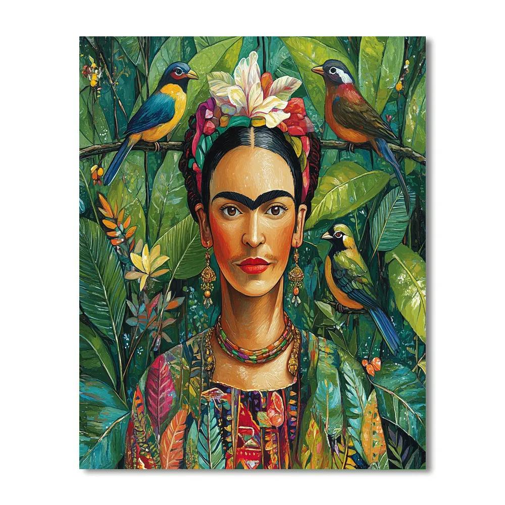 Frida Kahlo Inspired Portrait With Tropical Birds paint by color