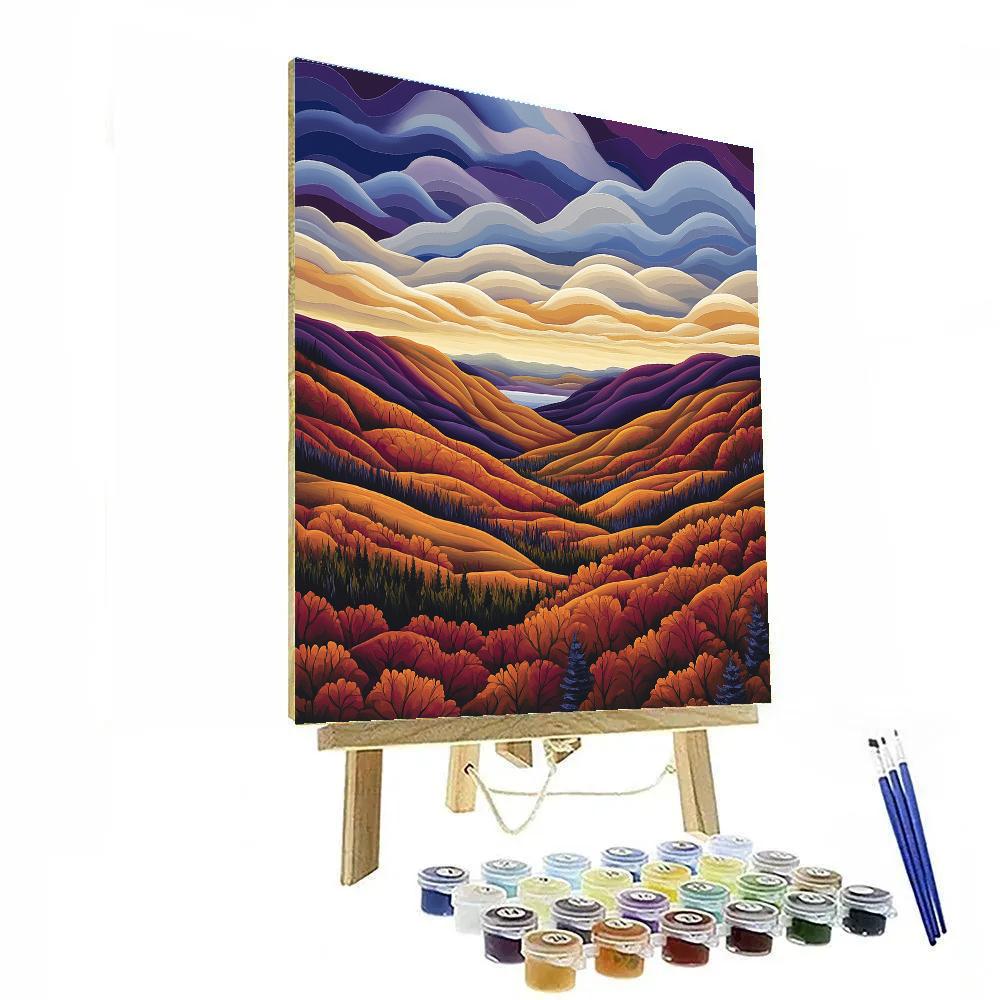 J. E. H. MacDonald Inspired Autumn Burnished Valley With Rolling Cloud Tiers paint by color