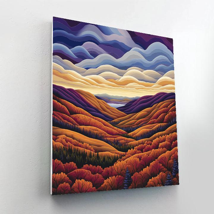 J. E. H. MacDonald Inspired Autumn Burnished Valley With Rolling Cloud Tiers paint by color